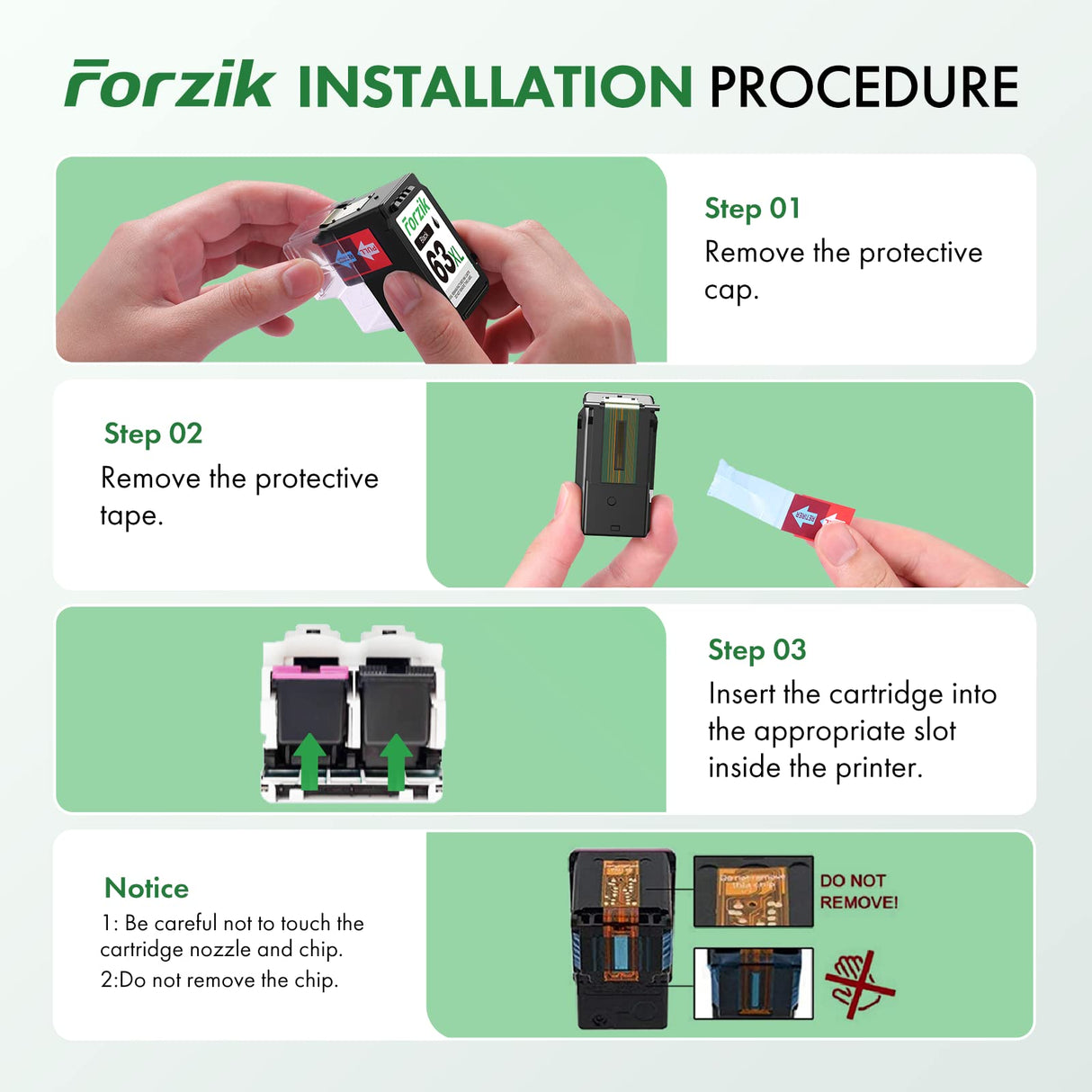 Forzik Remanufactured 63XL Ink Cartridge Replacement for HP Ink 63 63XL Works with OfficeJet 3830 4650 4652 5255 Envy 4520 5540 DeskJet 1110 2130 Printer(1Black,1Color,2 Pack) Forzik