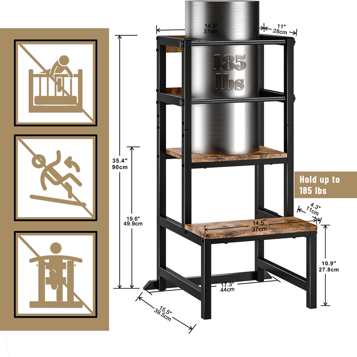 INNOD Kitchen Step Stool for Toddlers, Height Adjustable Toddler Tower with Safety Rail, Steel and Wood Toddler Kitchen Stool Helper Kids, Kitchen Stool for Kids, Learning Tower, Toddler Stool Brown INNOD
