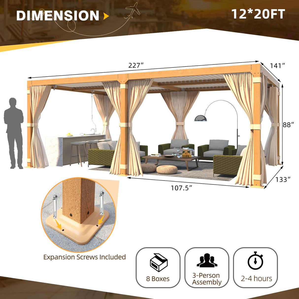 MELLCOM Louvered Pergola 12x20, Aluminum Pergola with Adjustable Louvered Roof, Wood Grain Outdoor Pergola with Waterproof Curtains and Nets MELLCOM