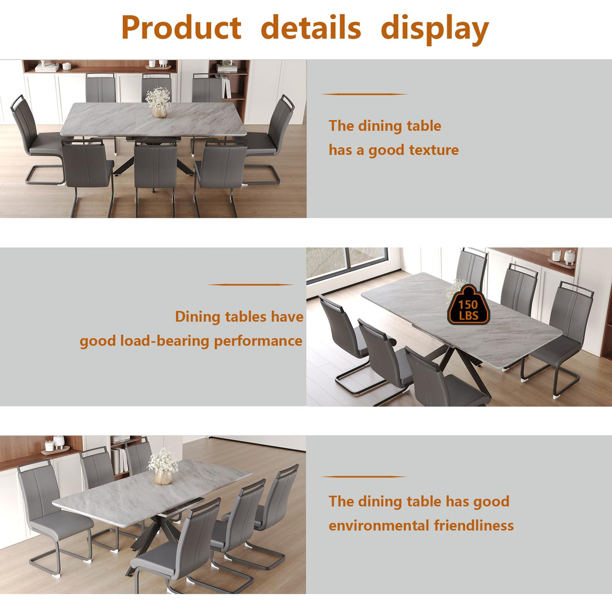 Modern Dining Table Set for 8,Adjustable Dining Table,Rectangular Rock Slab Dining Table for 8-10 People,Metal Base and Legs for Living Room,Dining Room,Kitchen ,78" Dining Table+8 Gray Chairs WIIS' IDEA