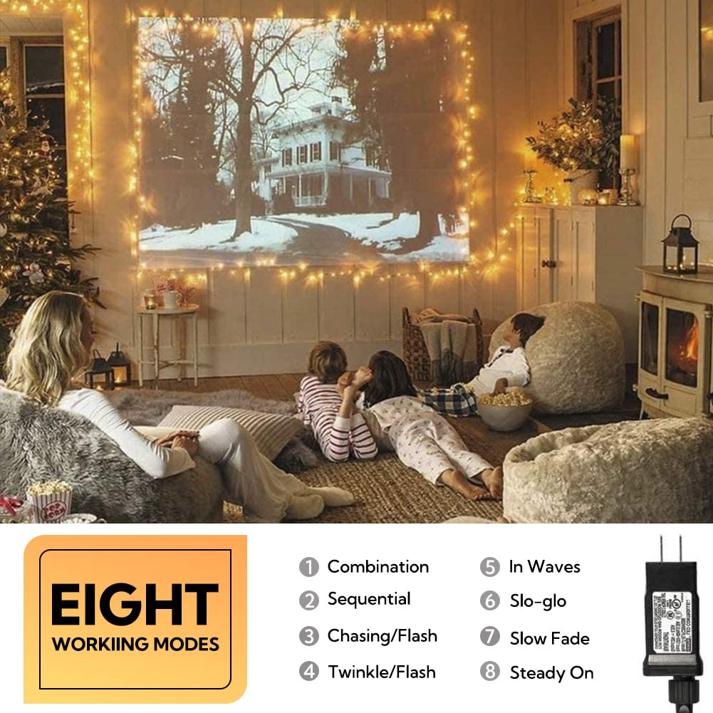 MYGOTO 33FT 100 LEDs String Lights,Green Wire Waterproof Fairy Lights 8 Modes 30V UL Certified Plug in Xmas Lights for Home, Garden, Wedding, Party, Christmas Decoration Indoor Outdoor (Warm White) Hopolon