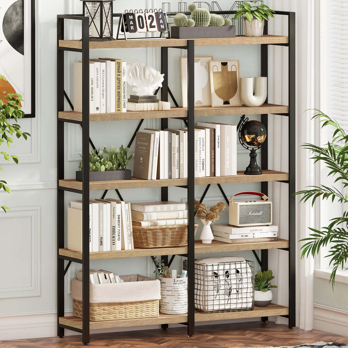 Industrial 5-Tier Rustic Oak Bookshelf with Open Shelving Unit by FATORRI FATORRI