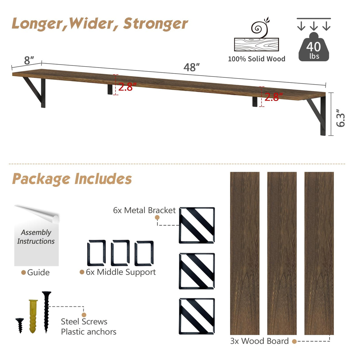 Forbena Large Floating Shelves for Wall 48 Inches Long Set of 3, Rustic Wo Wall Bookshelf for Bedroom Books, Wooden Hanging Bookshelves for Living Room Laundry Closet Kitchen Storage (Dark Brown) Forbena