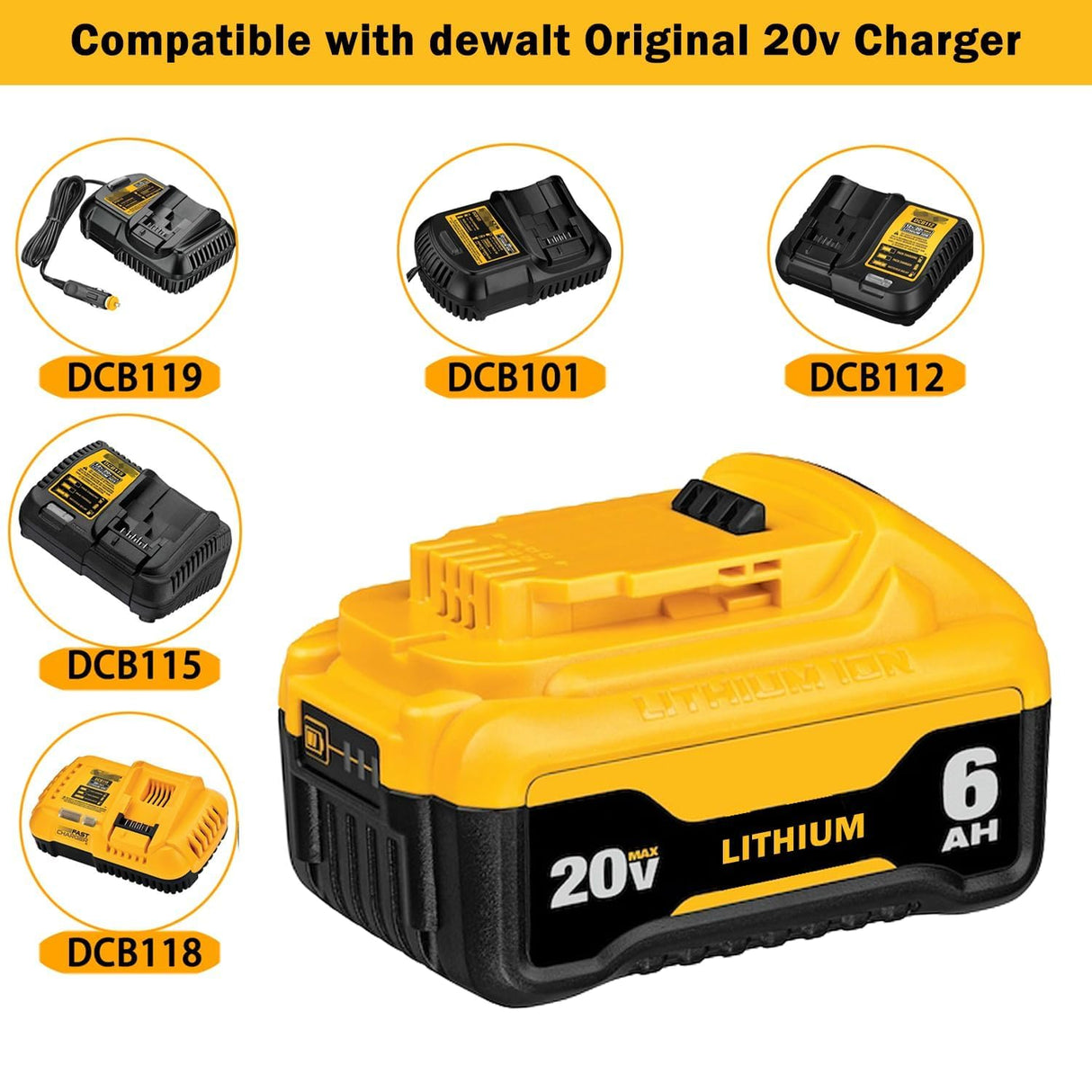 Xmenany 4Pack 20V 6000mAh Replacement for Dewalt 20V Lithium Battery Max DCB200 DCB206 DCB201 DCB203 DCB181 DCB180 DCD/DCF/DCG/DCS Series Xmenany