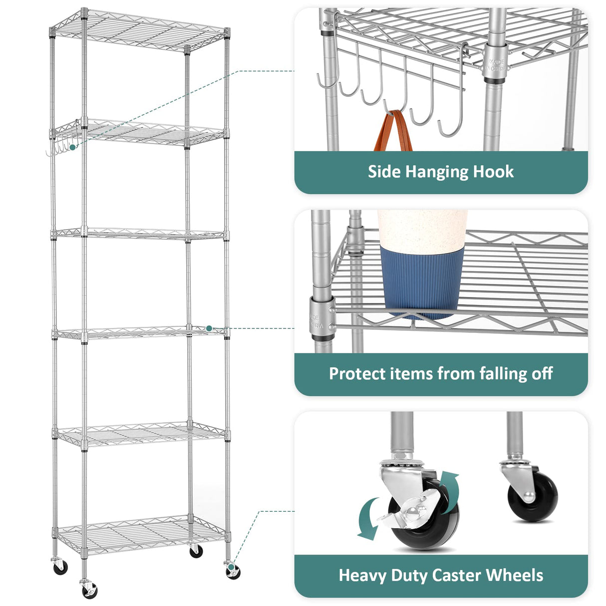 Homdox 6-Tier Storage Shelf Wire Shelving Unit Free Standing Rack Organization with Caster Wheels, Stainless Side Hooks, Silver Gray Homdox