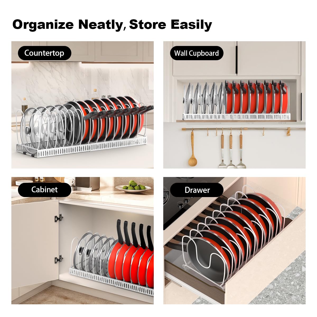 Housolution Pot and Pan Organizer Rack for Cabinet, Upgraded Expandable Pot Lid Organizer with 14 Adjustable Dividers, Pan Holder Storage Rack for Kitchen Cabinet, White Housolution