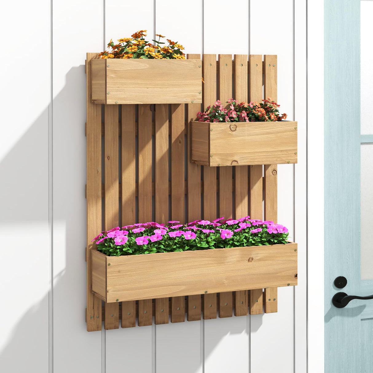 Giantex Wall-Mounted Raised Garden Bed w/Trellis Board, 3 Wooden Garden Boxes Set w/Drainage Hole, Fabric Liners, Hanging Hooks, Indoor Outdoor Decorative Planters for Fruit Vegetable Vine Flower Giantex