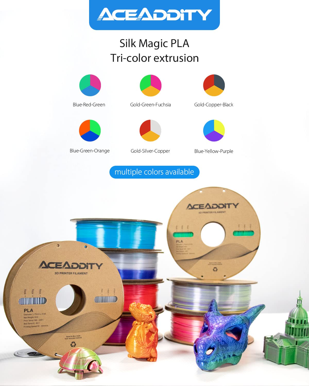 Aceaddity Silk Magic PLA 3D Printer Filament, Multi-Colour Tri-Extrusion 1.75mm 3D Printing PLA Filament, Shiny Silk Coextruded PLA, Dimensional Accuracy +/- 0.02 mm, 1kg/2.2lbs (Blue-Red-Green) Aceaddity