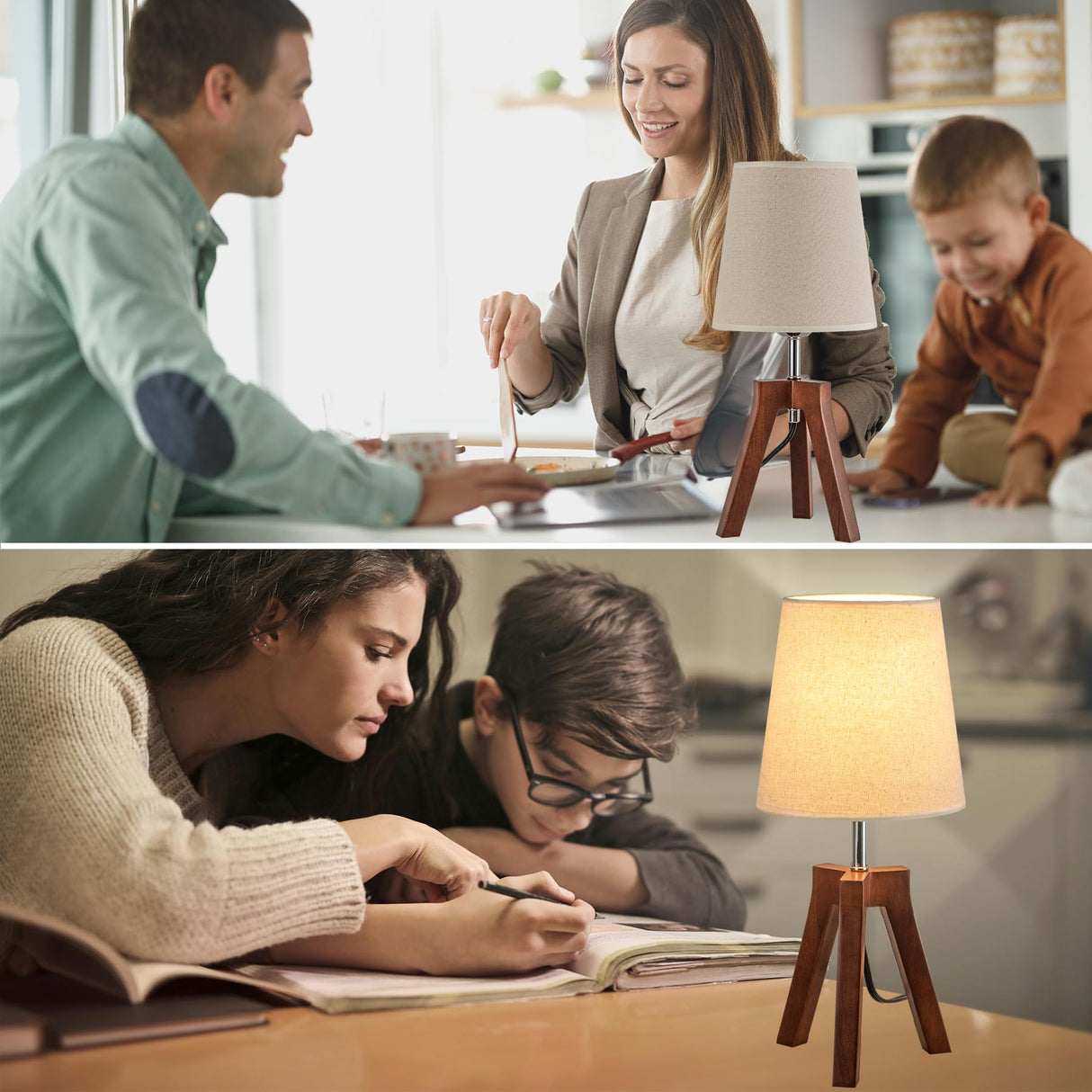 Dreamholder Wood Bedside Table Lamp, Tripod Desk Lamp with On-Off Switch, Nightstand Lamp with Fabric Shade for Reading, Bedroom, Living Room, Office, Walnut Base with Linen Shade(Without Bulb) Dreamholder