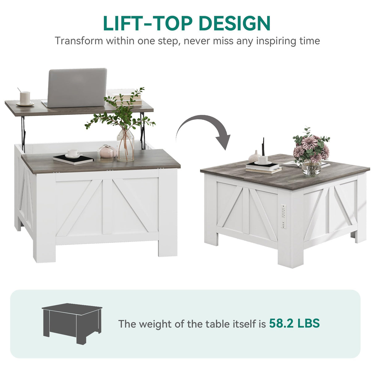 YITAHOME Farmhouse Lift Top Coffee Table with Storage, Wood Square Center Table with Charging Station & USB Ports and Hidden Compartment Coffee Tables for Living Room Bedroom, Home Office, White YITAHOME