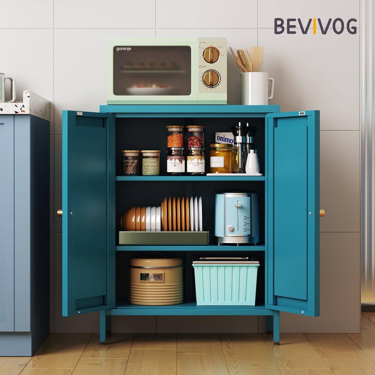 Bevivog Bathroom Floor Storage Cabinet,Metal Storage Sideboard with 2 Doors and 2 Adjustable Shelves,Modern Storage Freestanding Organizer Rust-Proof Locker,Living Room,Hallway,Blue Bevivog