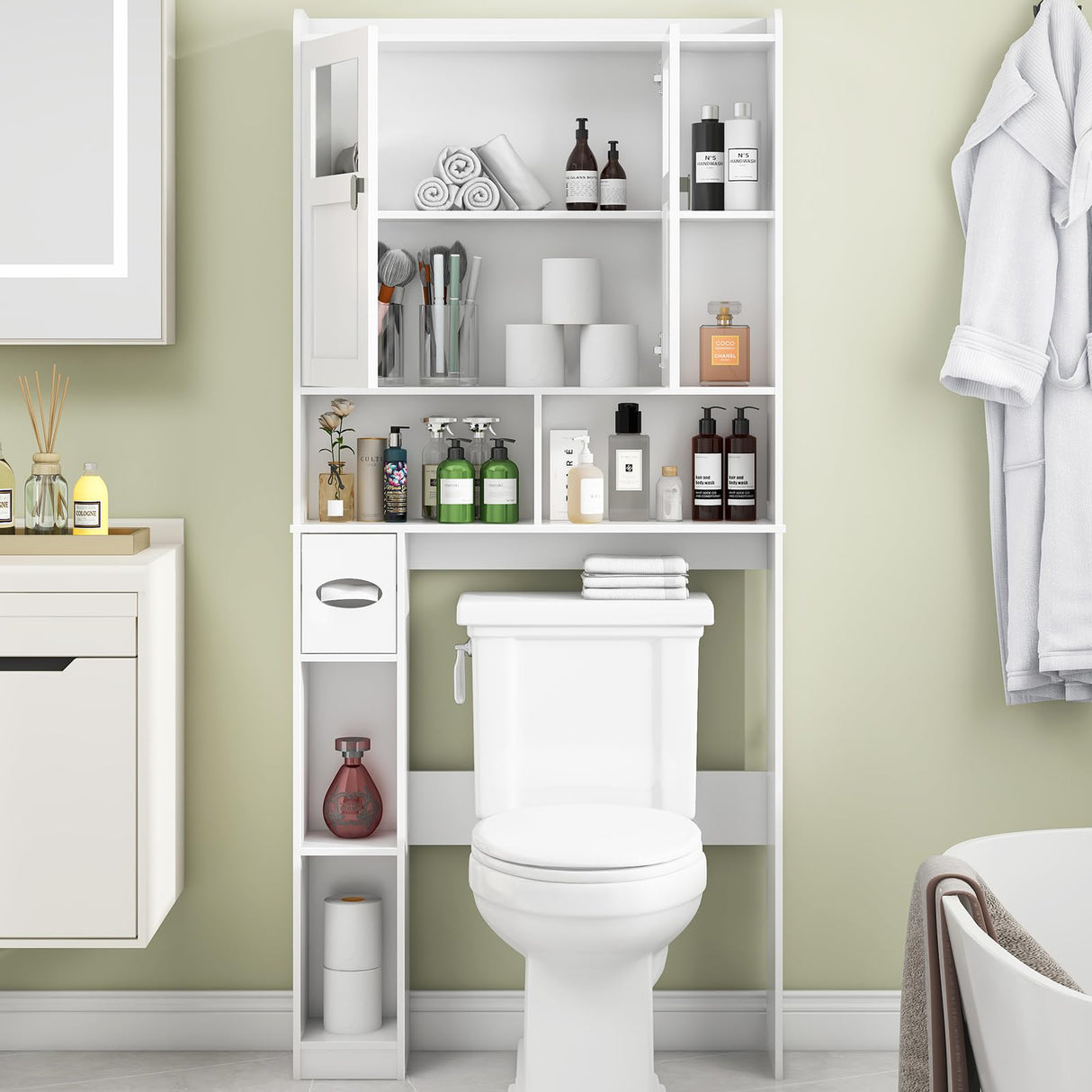 Vabches Over The Toilet Storage Cabinet, Bathroom Shelf Over Toilet with Glass Doors and Adjustable Shelves, White Freestanding Home Space Save Toilet Rack for Restroom, Bathroom, Laundry Vabches