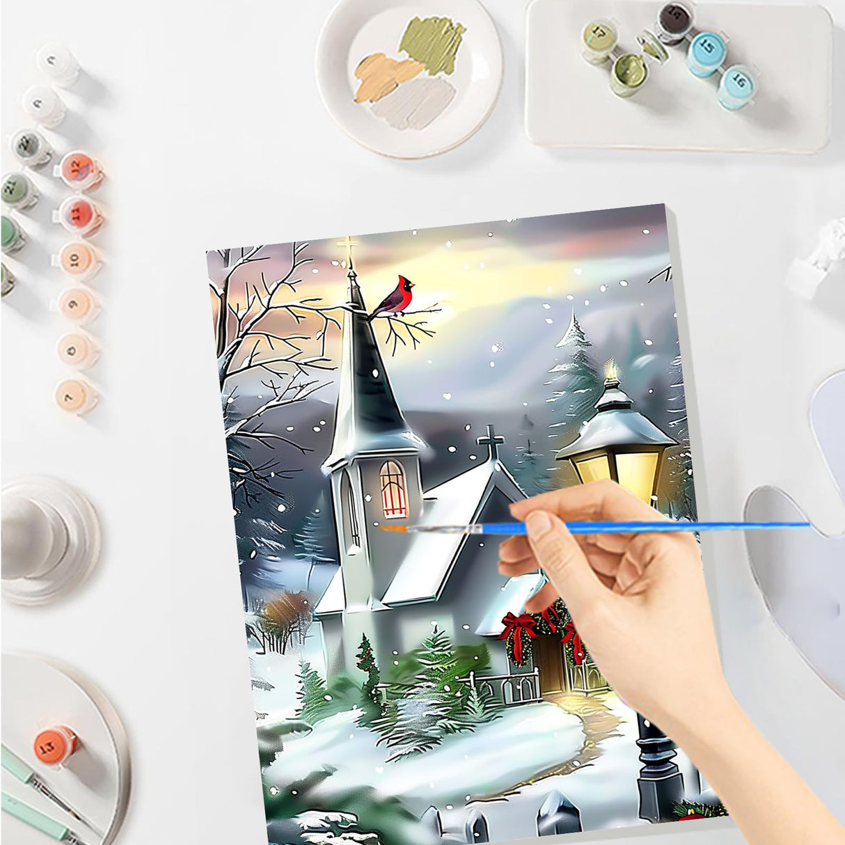 SENQAO Christmas Paint by Numbers for Adults Beginners Framed, Winter Church Adults' Paint-by-Number Kits, Adult Paint by Number Kits on Canvas, Acrylic Number Painting for Home Decor, 8x12inch SENQAO