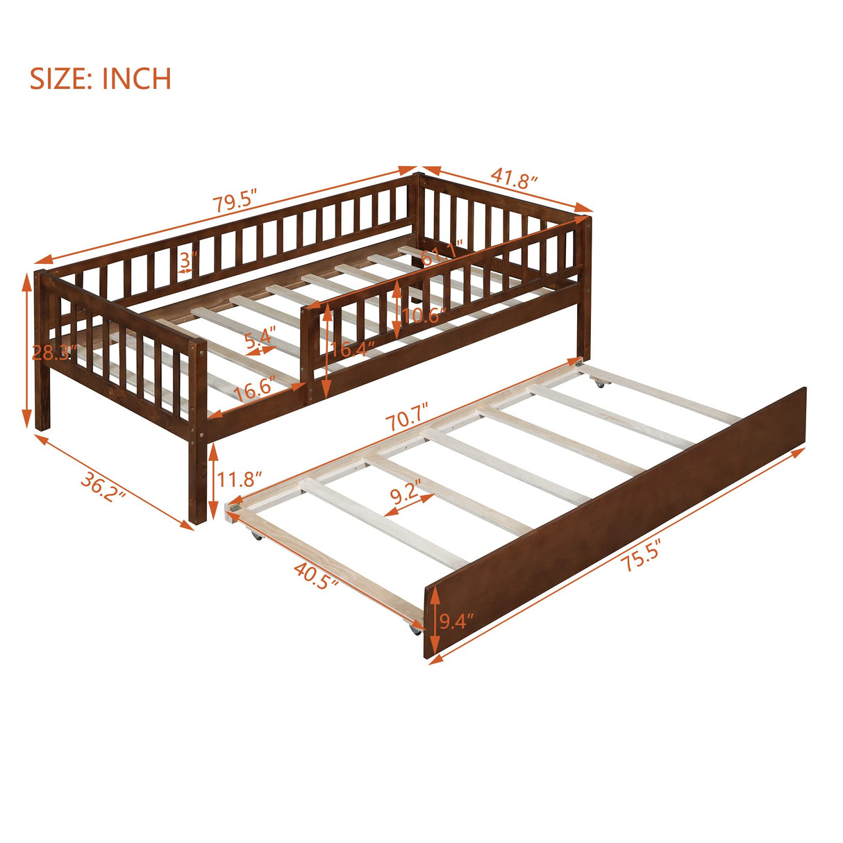Twin Size Bed Frame with Trundle and Fence Guardrails, Wooden Montessori Style Kids Beds with Slats Support, Dual-use Daybed for Bedroom and Living Room, Walnut Bellemave