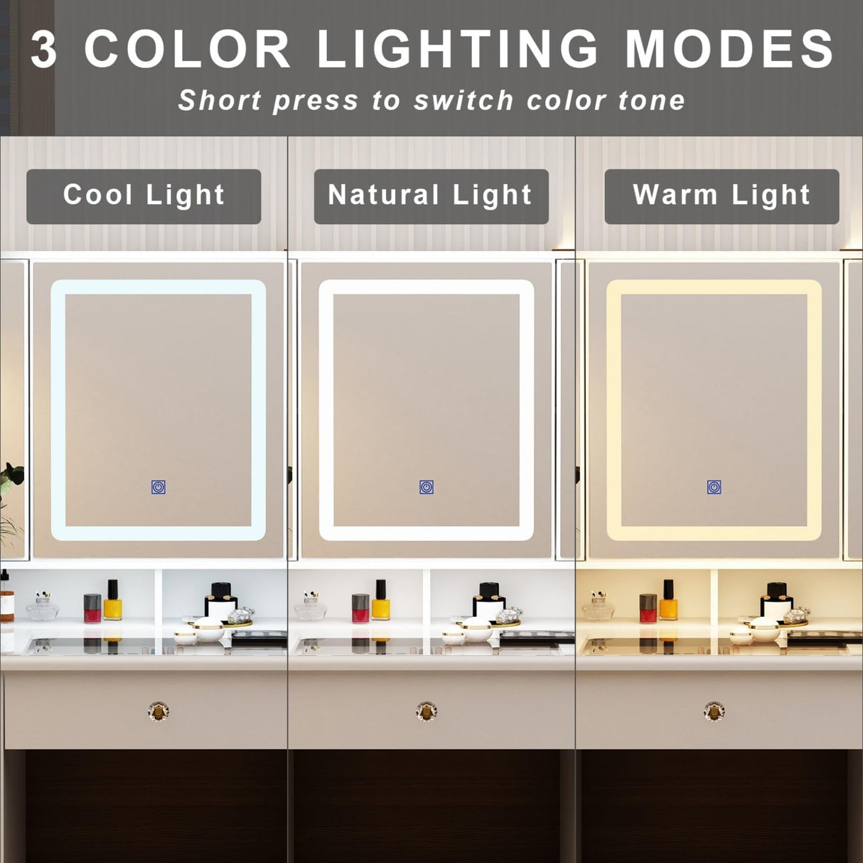 MOUMON Large Vanity Desk with Open Mirror and Glass Tabletop, Vanity Desk with Mirror and Lights, Drawers and Shelves, Crystal Handles, Cushion Stool not Included, White (43.3”W x 19.7”D x 53.6”H) MOUMON