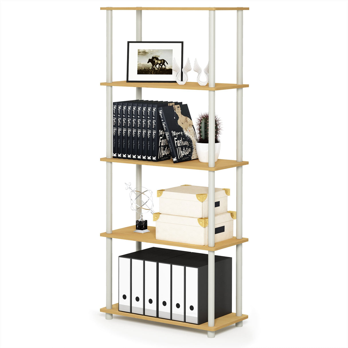 Furinno Turn-N-Tube 5-Tier Multipurpose Shelf / Display Rack / Storage Shelf / Bookshelf, Round Tubes, Beech/White Furinno