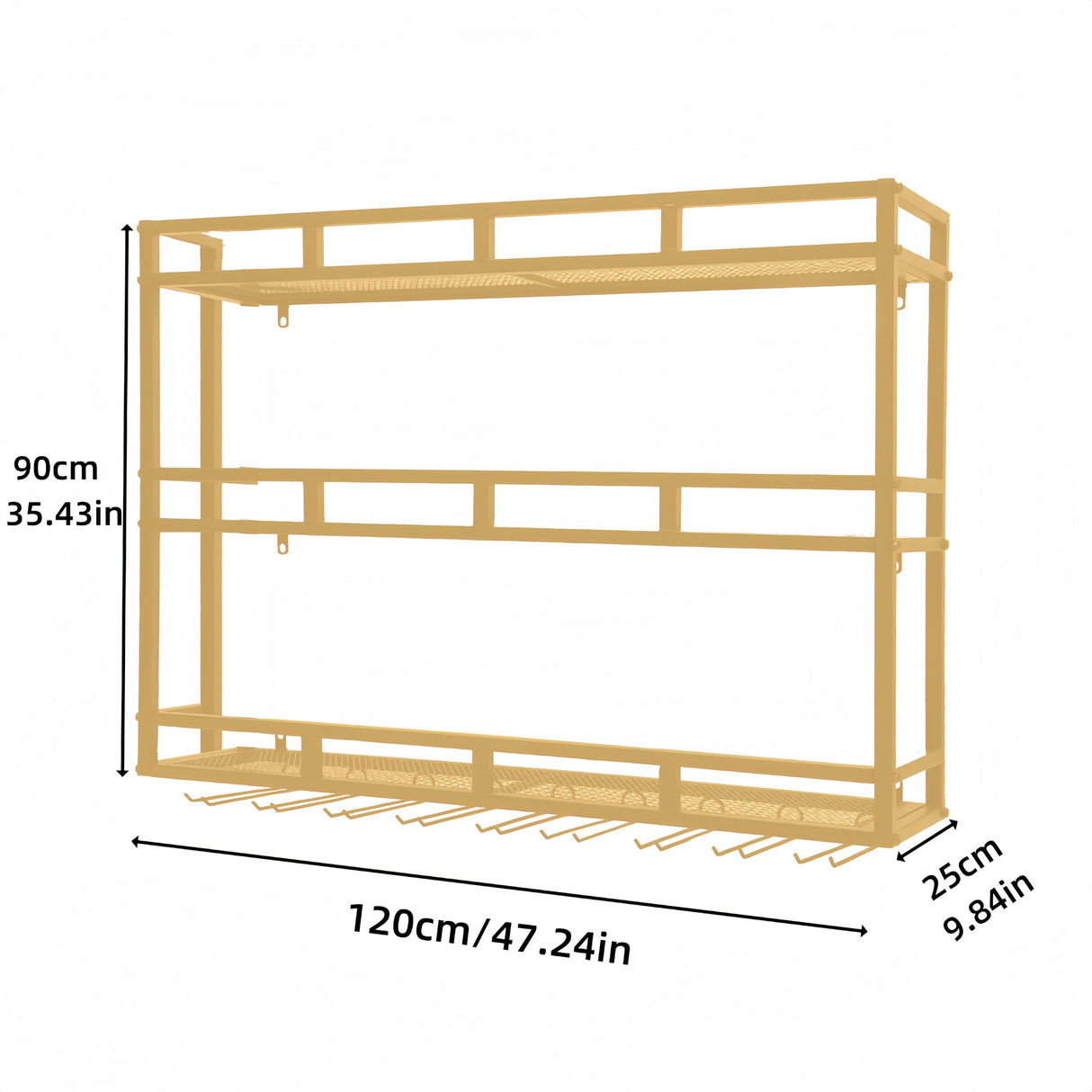 HFTUW Metal Wine Rack Wall Mounted, Bar Shelves for Liquor Bottles with LED Light, 3 Tier Large Capacity Liquor Rack Wall Mounted with Glass Holder for Home Bar & Dining Room (Gold, 47in/120cm) HFTUW