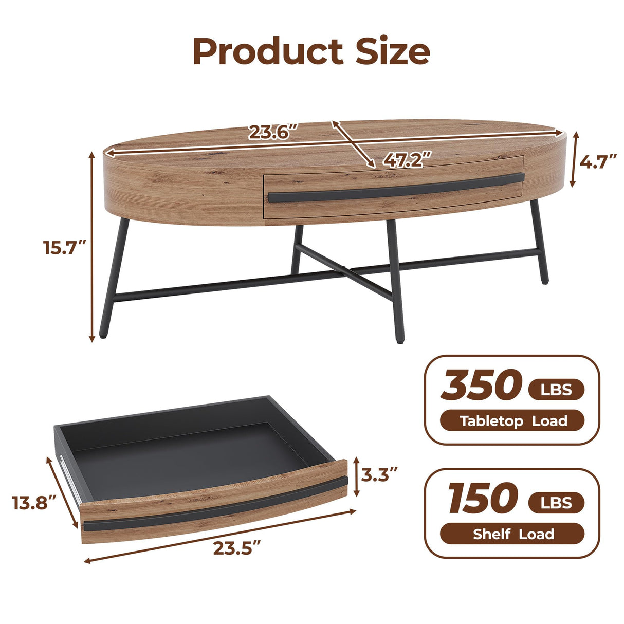 GarveeHome Oval Coffee Table with Drawer Mid-Century Modern Center Table 47.2“ Wooden Coffee Table with Storage and Cross Metal Legs Unique Curved Design for Living Room (Natural) GarveeHome