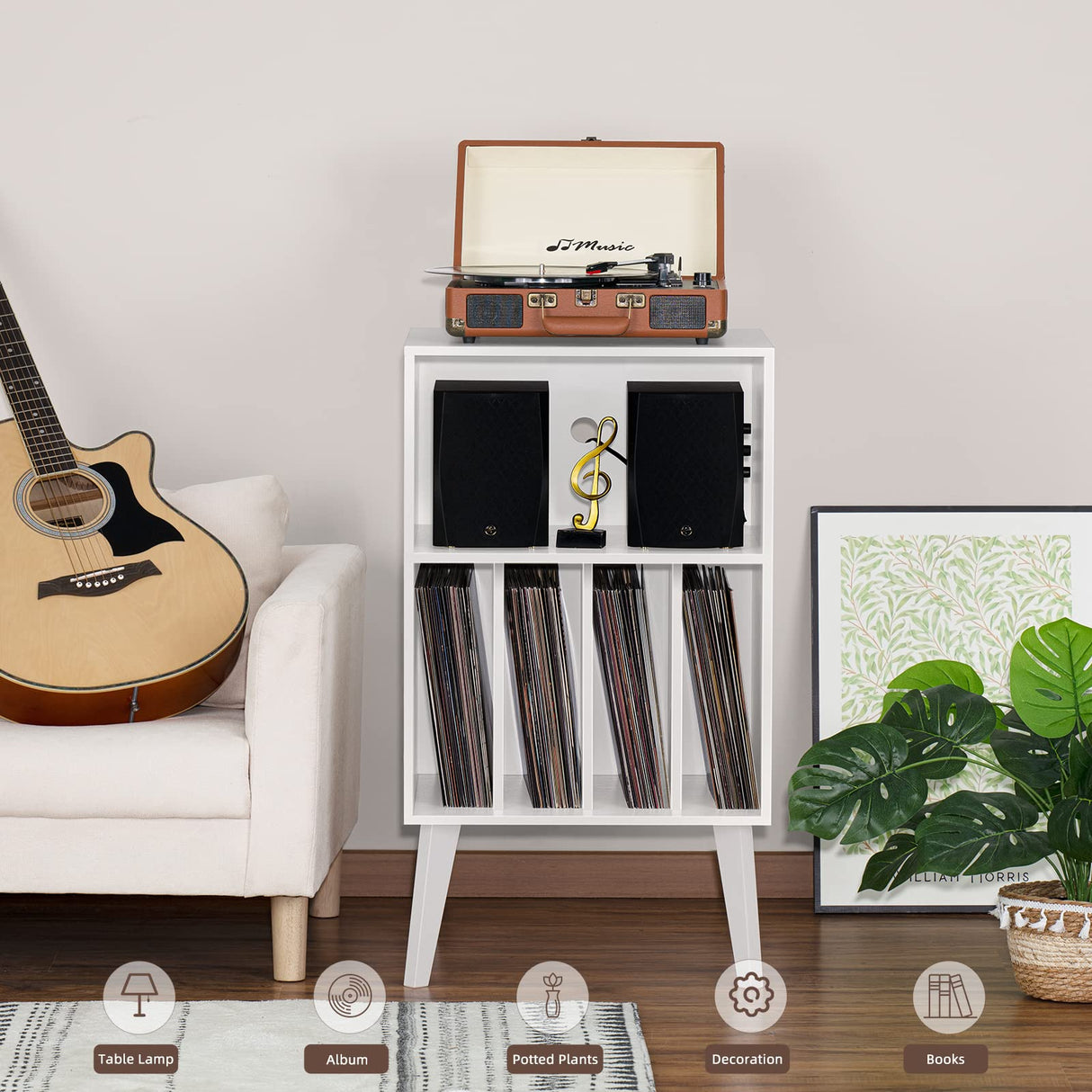 Lerliuo Record Player Stand, White Turntable Stand Holds up to 160 Albums, Mid-Century Vinyl Storage Cabinet Table with Solid Wood Legs, Record Player Holder Dispaly Shelf for Bedroom Living Room Lerliuo