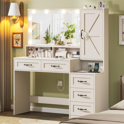 DINGIPP Farmhouse Vanity Desk with Mirror and 10 Led Lights, 45.3" Large Makeup Vanity Table with Power Outlet, 5 Drawers and 1 Cabinet, Vanity Set Dressing Table with 9 Hooks for Women Girls (White)