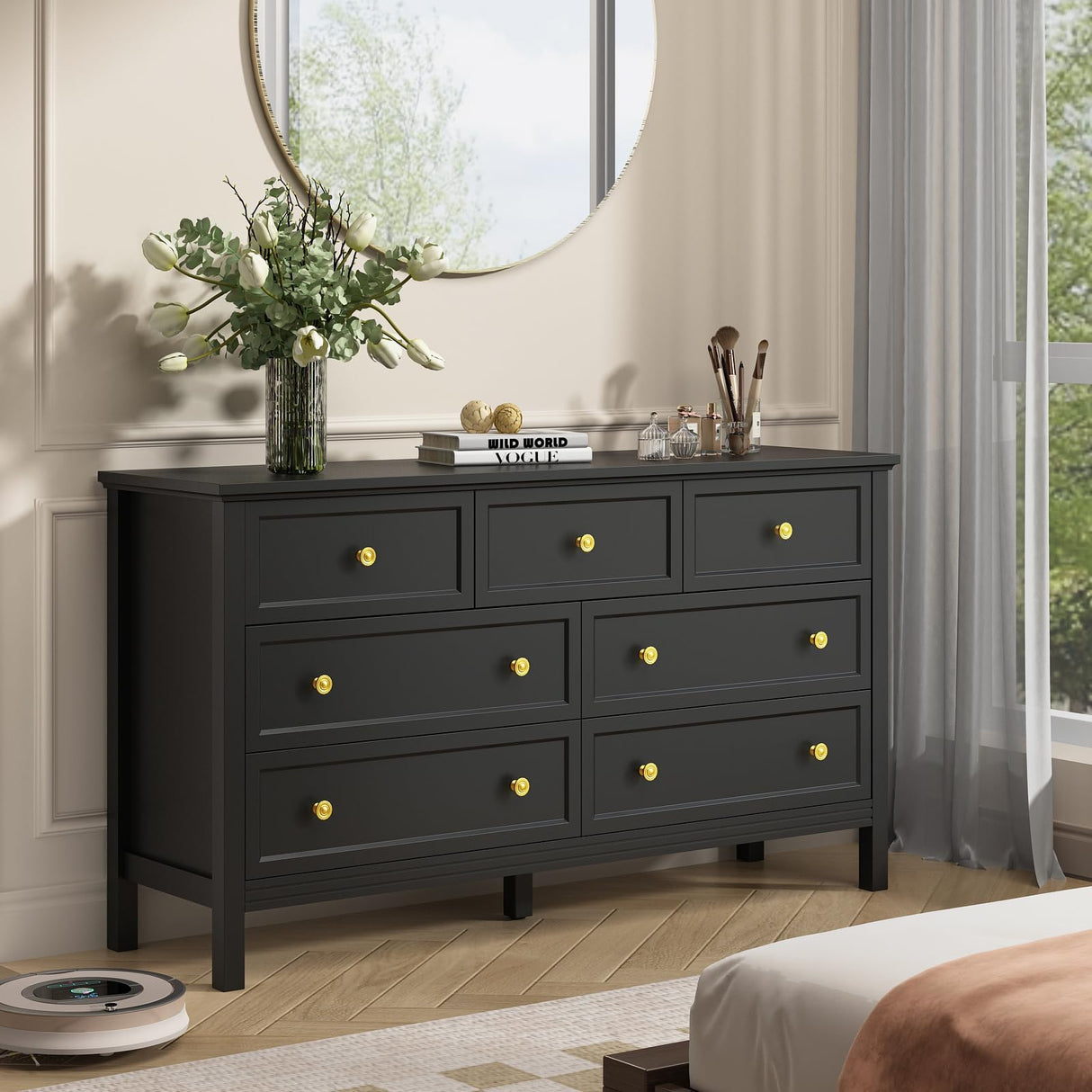 CARPETNAL Black Dresser for Bedroom, 7 Drawer Dresser with Wide Drawers and Gold Metal Handles, 55" Black and Gold Dresser TV Stand, Modern Dressers & Chests of Drawers for Hallyway, Entryway. CARPETNAL