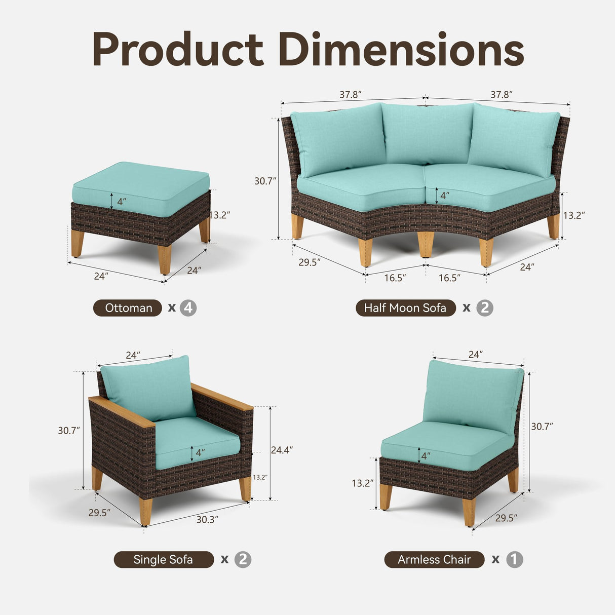 GREEN PARTY 11 Pieces Wicker Patio Furniture Set, All-Weather Outdoor Rattan Half-Moon Curved Patio Sectional Sofa Conversation Set 11 Seats with 4" Thick Cushions for Backyard, 2 x Ottomans (Blue) GREEN PARTY