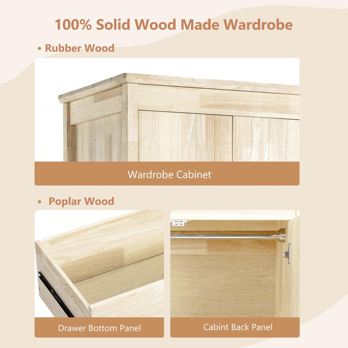 VINGLI Solid Wood Wardrobe Closet, Unfinished Wood Armoire Color DIY, Natural Rubber Wood Wardrobe Closet with Doors and Drawers, Real Wood Wardrobe Closet for Hanging Clothes, Wooden Wardrobe Cabinet VINGLI