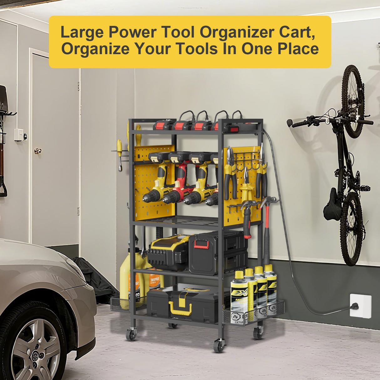 Power Tool Organizer Cart with Charging Station, Heavy Duty Garage Tool Organizer Rolling Tool Battery Storage with 8-Outlet Power Strip, 4 Wheels, 2 Hanging Baskets, 8 Hooks, Drill Bit Holder, Yellow NEYCIL