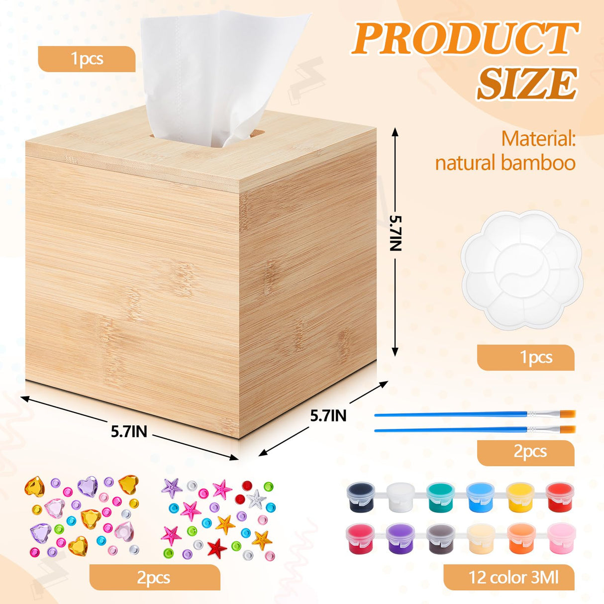Weysat Unfinished Tissue Box Cover 5. 7 Inch Bamboo Wood Square Tissue Box Holder with Open Bottom with 2 Brushe 1 Paint Tray 12 Paint 2 Diamond Sticker for DIY Bathroom Bedroom Table Office Art Craft Weysat
