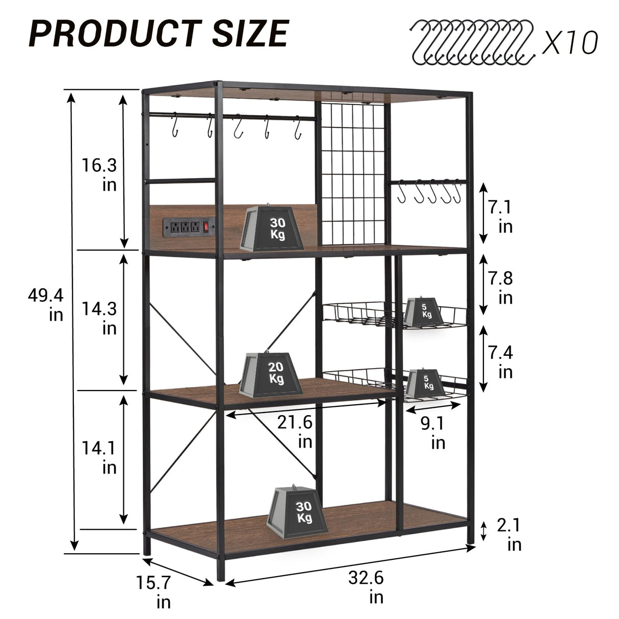 fusehome Bakers Rack with Power Outlet, Microwave Stand with Storage, Coffee Bar Organizer Cabinet with Wire Basket, Kitchen Shelf for Spices, 10 Hooks, Industrial, Brown fusehome