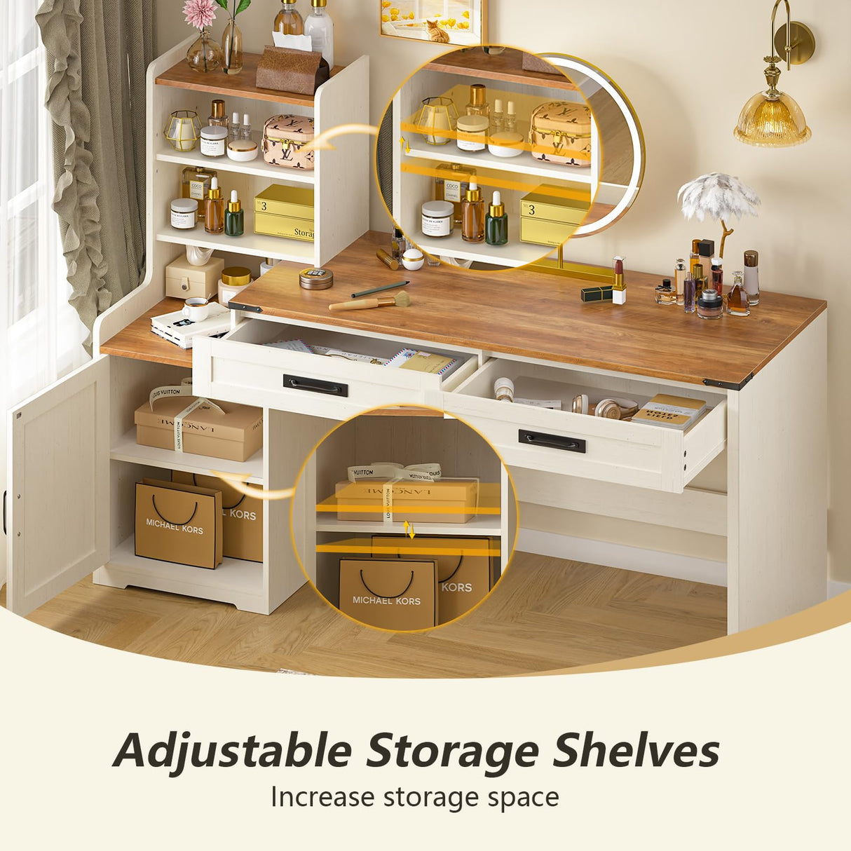 YOMILUVE 60'' Farmhouse Computer Desk with Drawers, Home Office Desk with Bookcase, Vanity Desk Writing Study Table with Storage, Antique White YOMILUVE