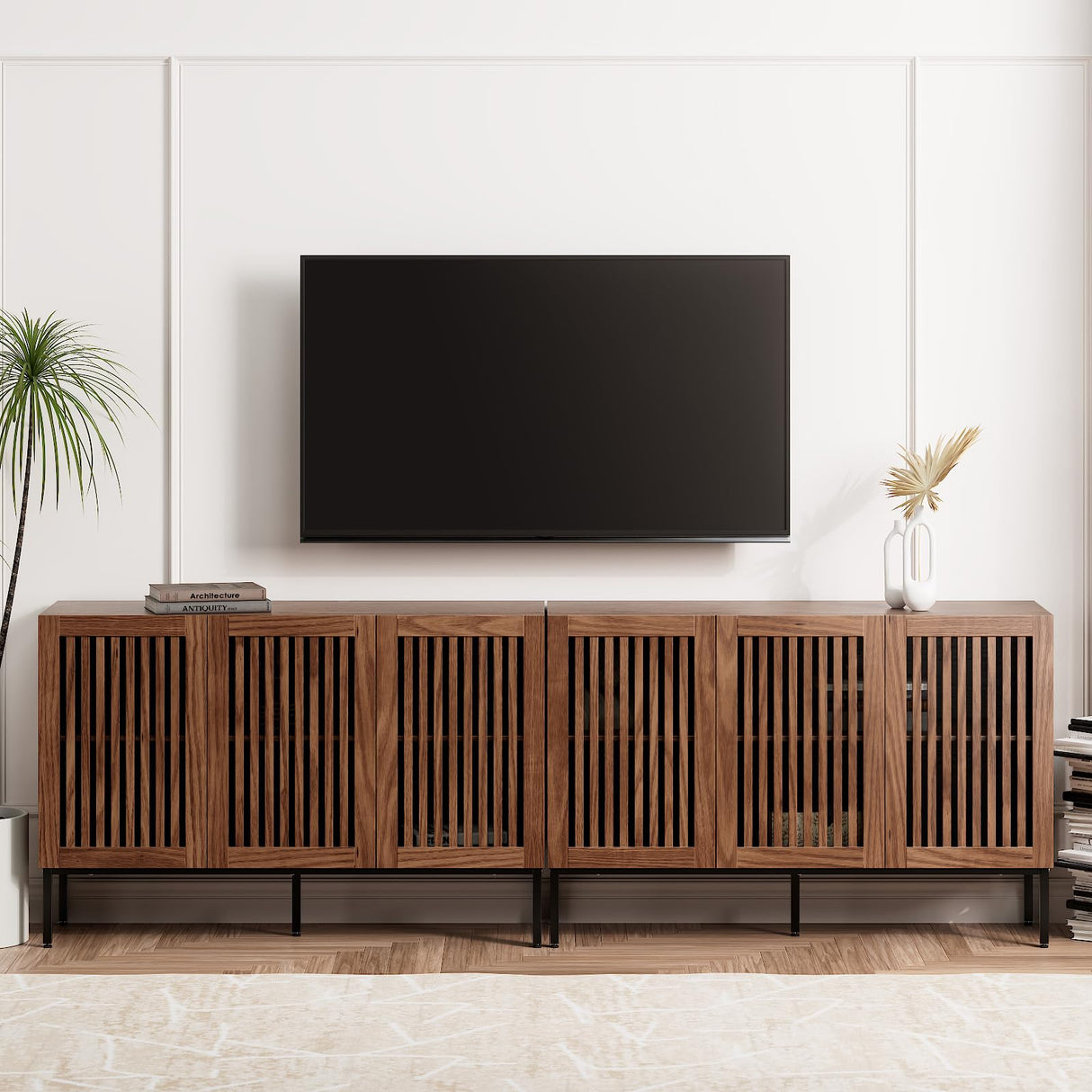 BVIUNTWO Farmhouse TV Stand for TVs up to 100 inch, 2 in 1 Entertainment Center TV Console with Storage Cabinets and Metal Base,Brown Media Console for Living Room BVIUNTWO