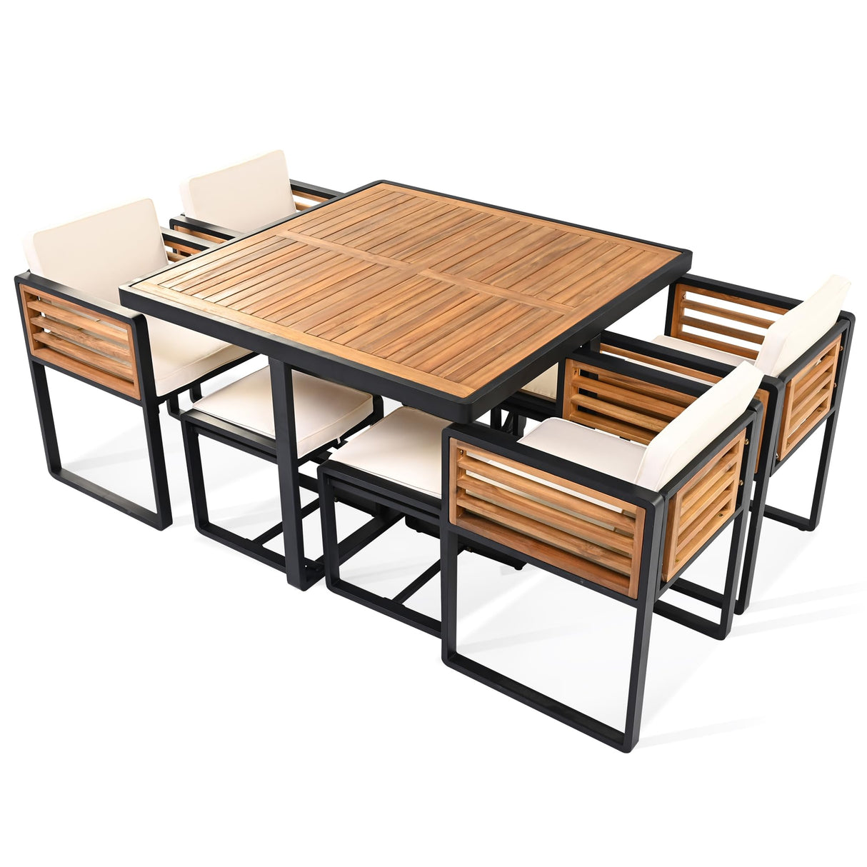 Merax 9 Pieces Outdoor Dining Set for 8 People, Acacia Wood Patio Furniture Sets with 1 Square Table, 4 Cushioned Chairs and 4 Ottomans for Backyard, Garden, Lawn, Poolside, Space Saving Design, Beige Merax