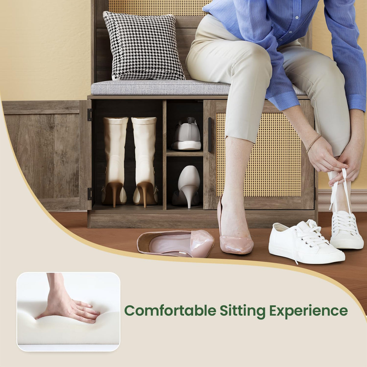 HOVANESTY Hall Tree with Bench and Shoe Storage, 5-in-1 Entryway Bench with Coat Rack, Padded Seat Cushion, 7 Tri-Hooks, Adjustable Shelf, Farmhouse Boho Furniture Organizer for Hallway, Ash Gray HOVANESTY