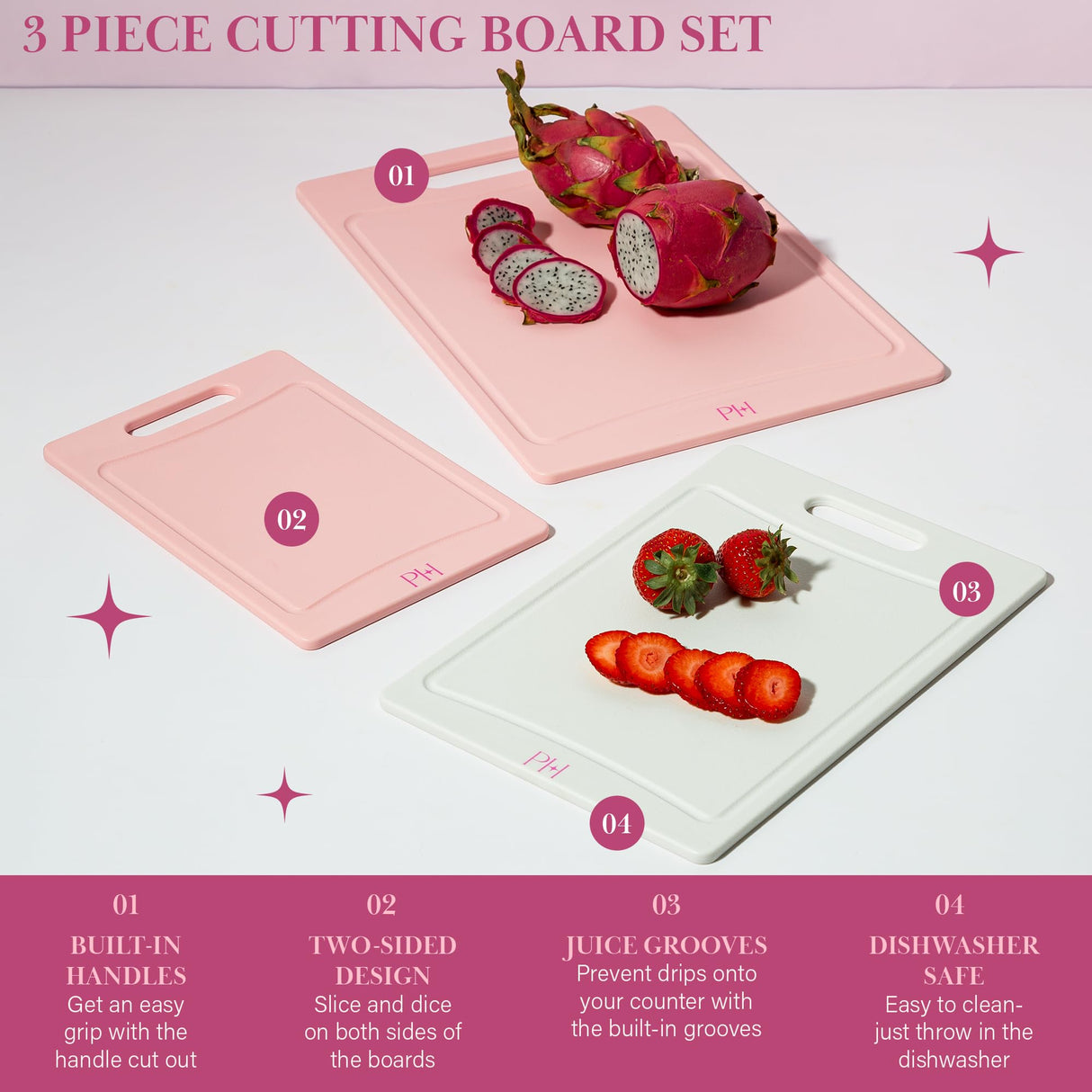 Paris Hilton Cutting Boards, Dual-Sided Cutting Board Set with Built-in Juice Grooves, Easy-Grip Handles, Heavy-Duty Plastic Made without BPA, Dishwasher Safe, 3-Piece Set, Pink and Cream Paris Hilton