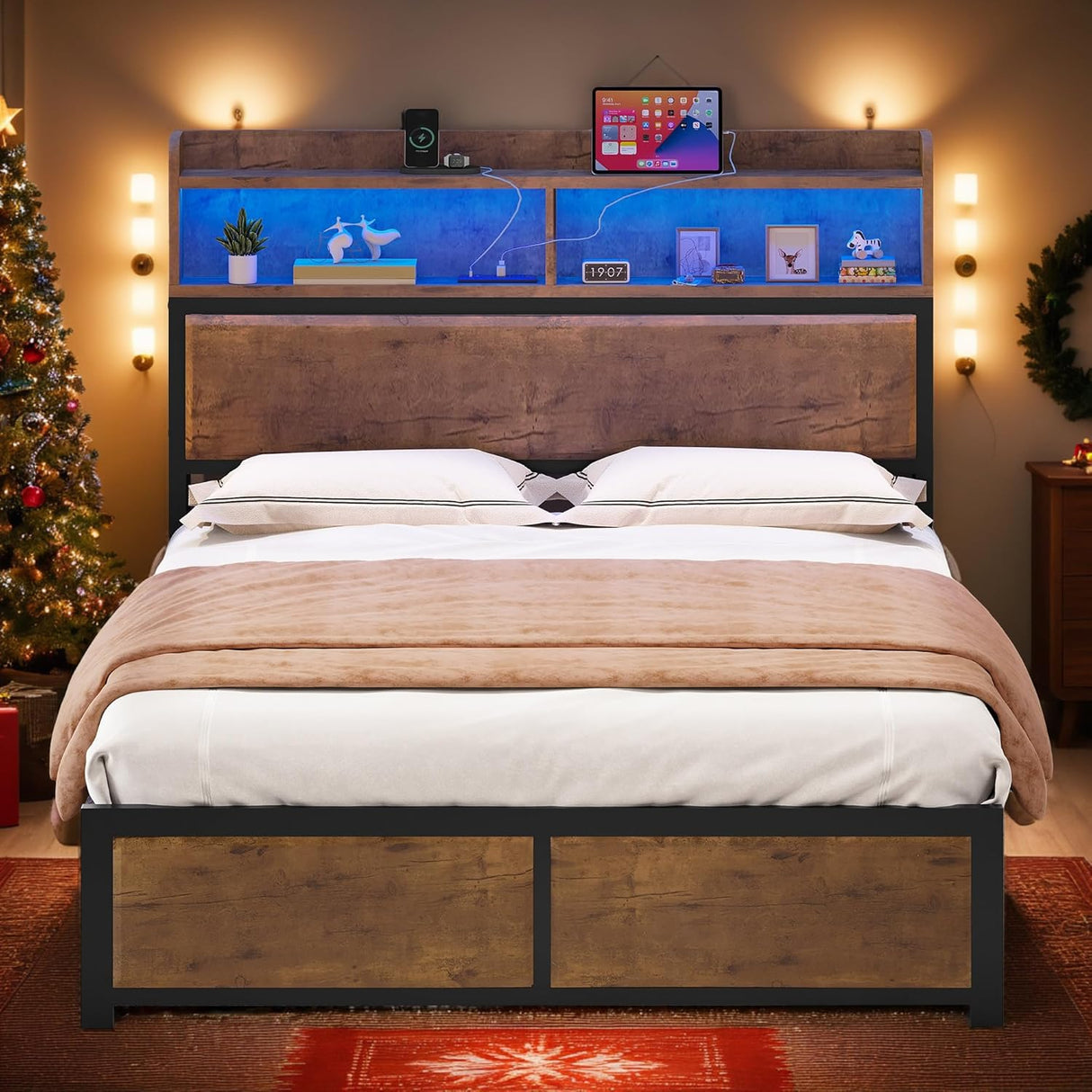 YITAHOME Queen Bed Frame with 2-Tier Storage Headboard, Metal Platform Bed Frame with Charging Station & LED Lights, Noise-Free/Metal Support/No Box Spring Needed, Rustic Brown YITAHOME