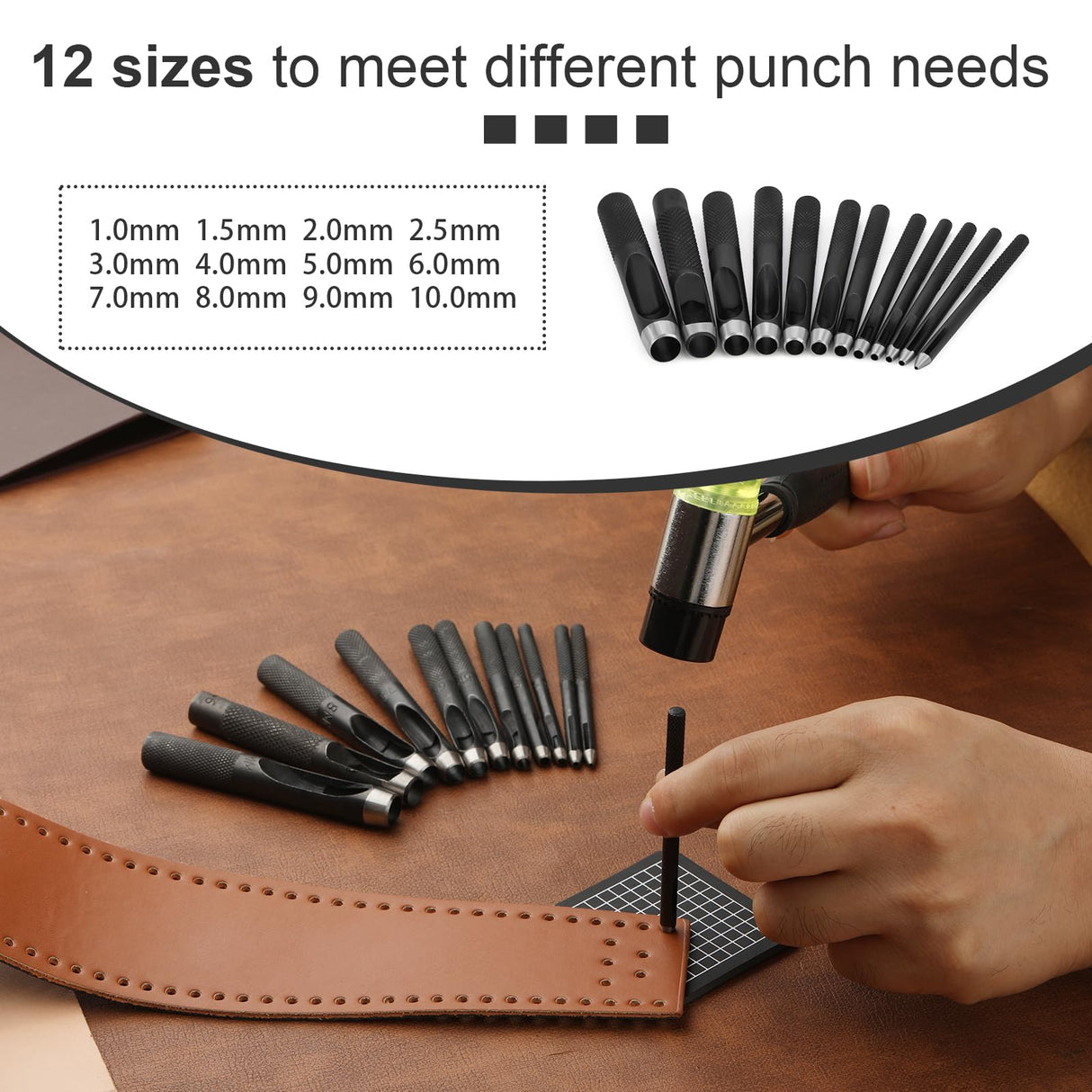 TLKKUE Hole Punch(1.0-10mm), Round Leather Working Hollow Punch Steel Heavy Duty Hole Punches with Leather Carving Hammer Cutting Mat for Watch Band, Belt, Wristband DIY Crafting TLKKUE
