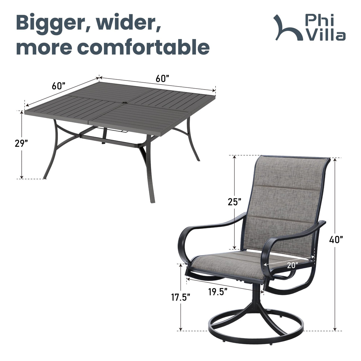 PHI VILLA 9 Pcs Patio Dining Set with Large Square Metal Dining Table & 8 Outdoor Padded Textilene Fabric Swivel Dining Chairs, Outside Table Chair Furniture Dining Set for 8 Person PHI VILLA