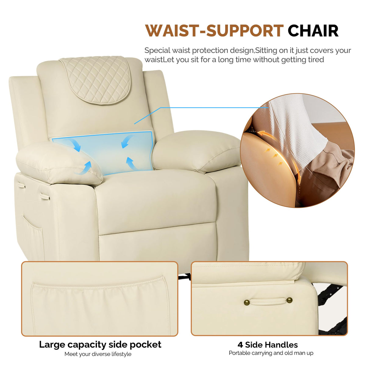 Recliner Chair, Electric Recliner Massage Chairs for Adults with PU Leather,Padded Seat Backrest Comfy Chairs for Living Room, Reading, Sleeping, Adjustable Recliner (Beige) homeokay