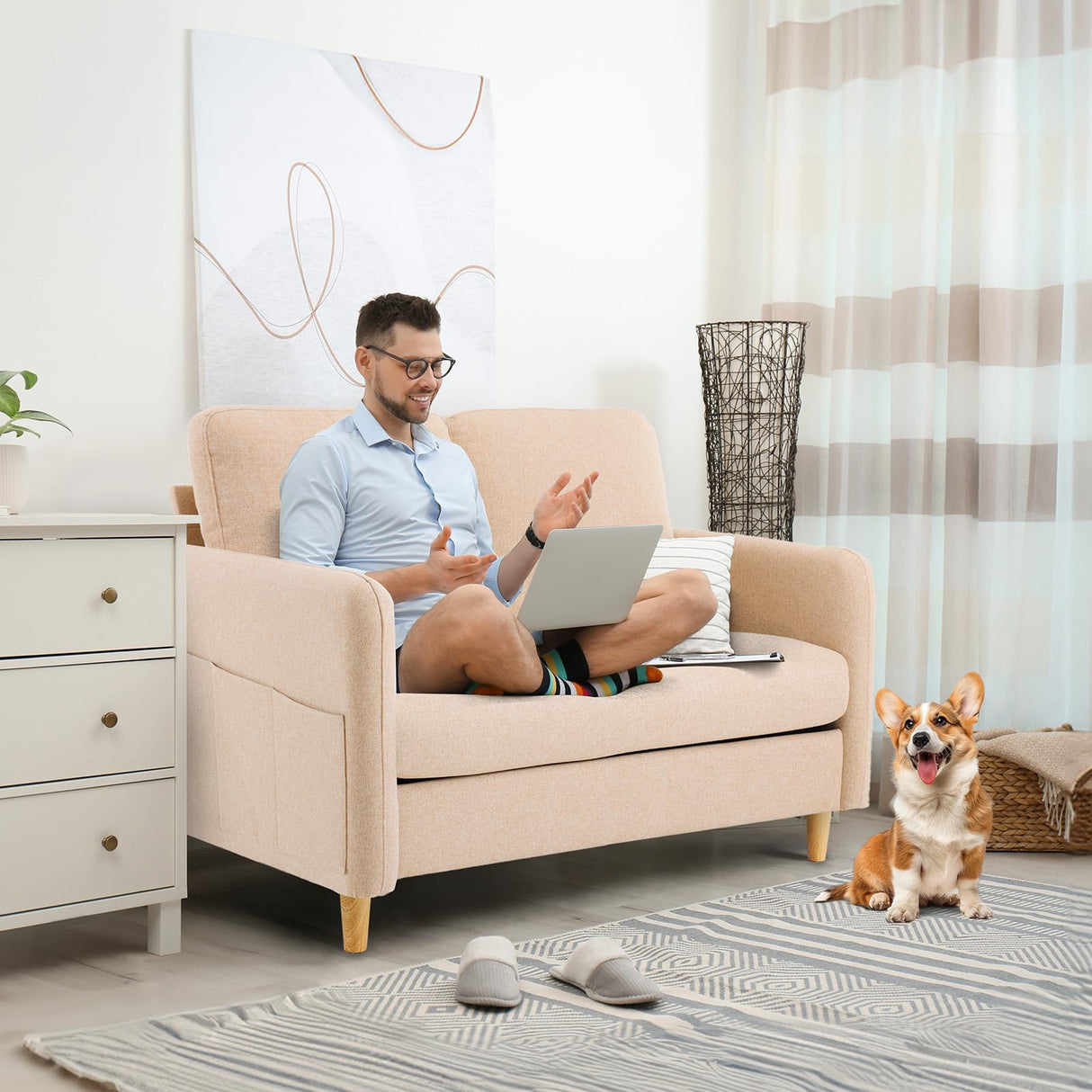 VINGLI 47" Small Couch, Linen Loveseat Sofa Light Brown Mini Couch Mid Century Modern Decor Love Seat for Small Spaces Living Room, Bedroom, Play Room VINGLI