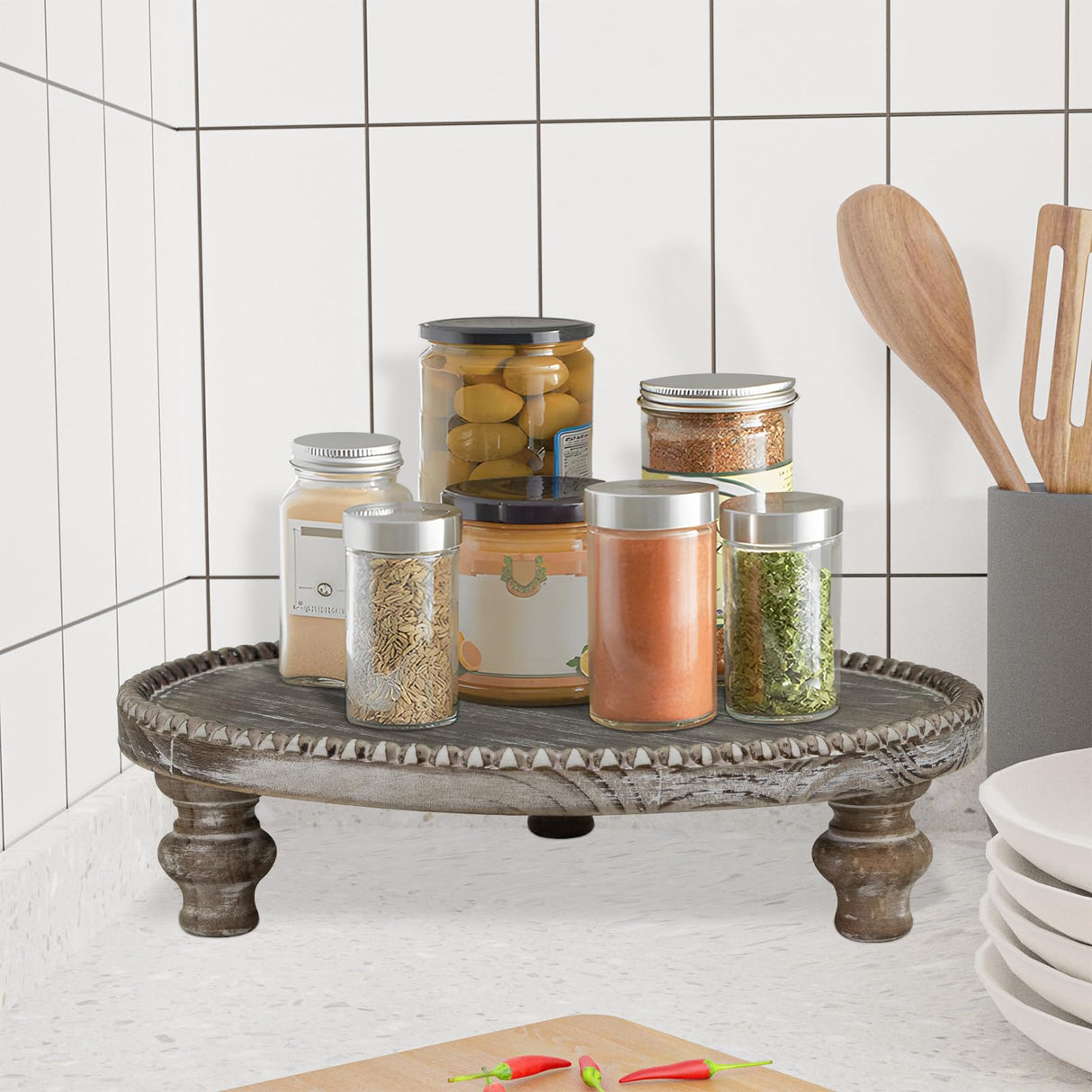 MAONAME Farmhouse Wood Riser for Display, Decorative Pedestal Stand for Kitchen Counter, Rustic Round Beaded Wooden Display Tray for Home Decor, Short and Tall Footed, 11.87 Inch MAONAME