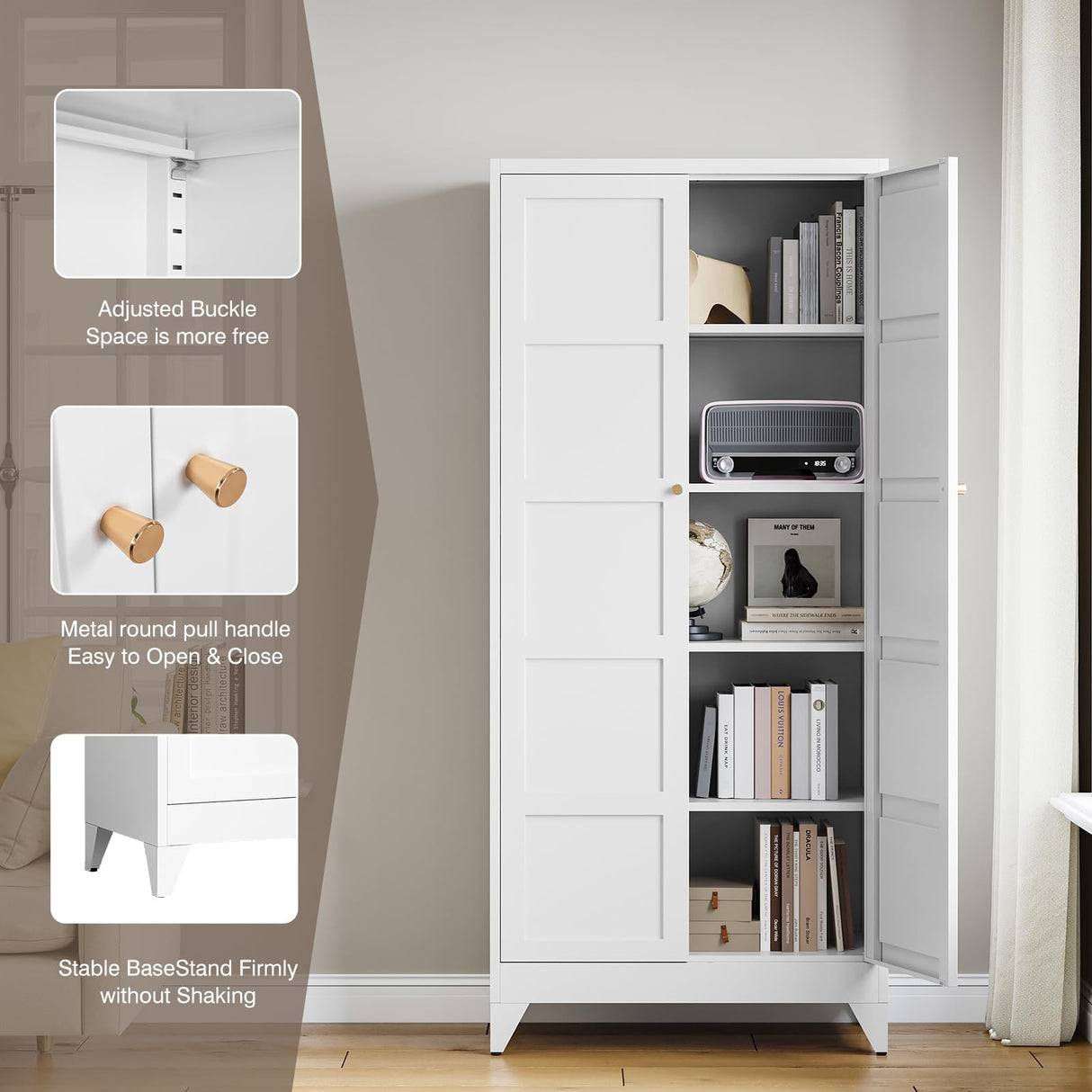 Yizosh Metal Storage Cabinet with 2 Doors and 4 Adjustable Shelves,- 72" White Kitchen Pantry Storage Cabinet for Kitchen,Living Room,Dining Room Yizosh