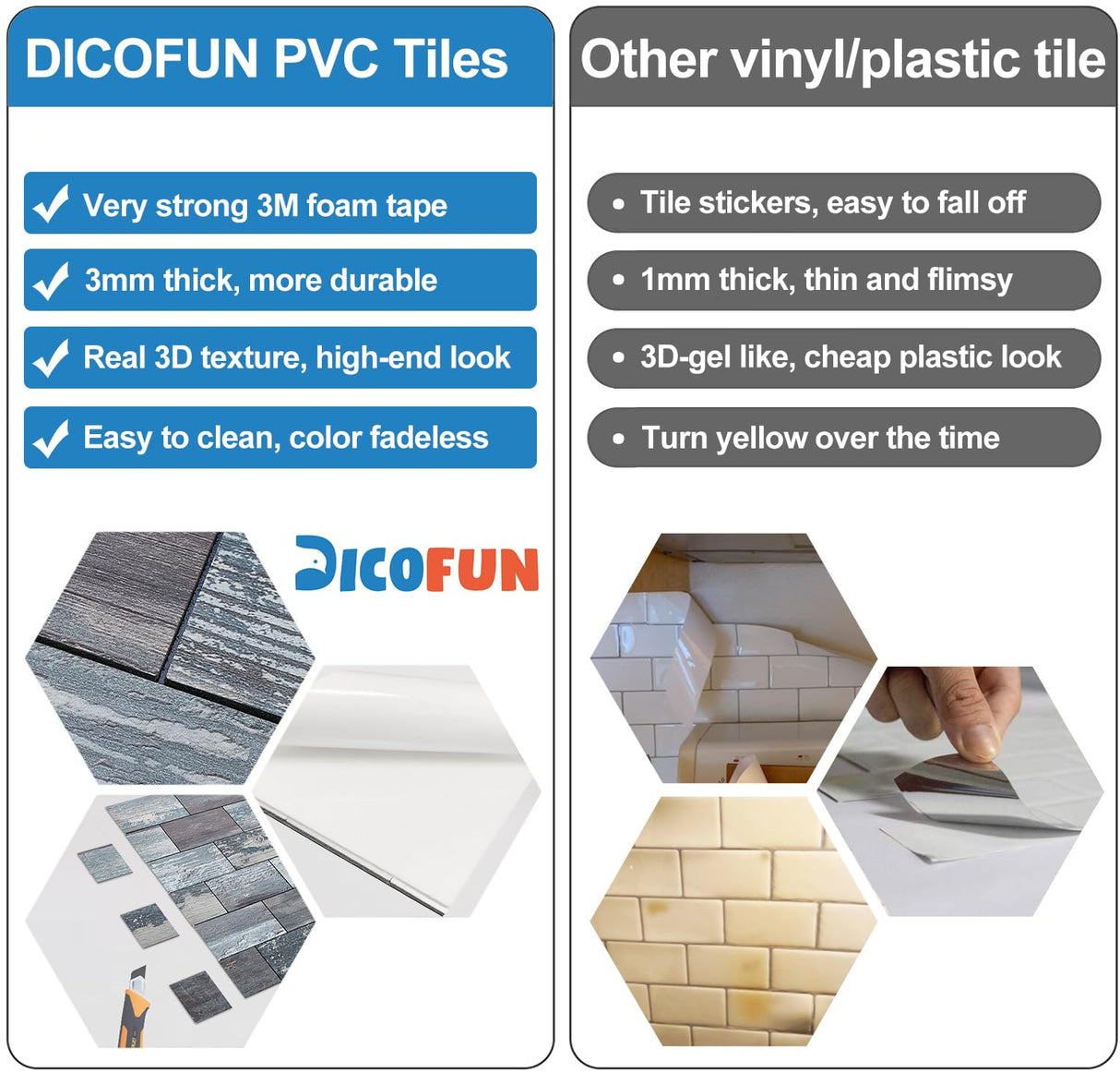 DICOFUN Distressed Wood Peel and Stick Backsplash Wall Tiles, 12"x12" Thick PVC Subway Tile for Kitchen Backsplash, 10 Sheets DICOFUN