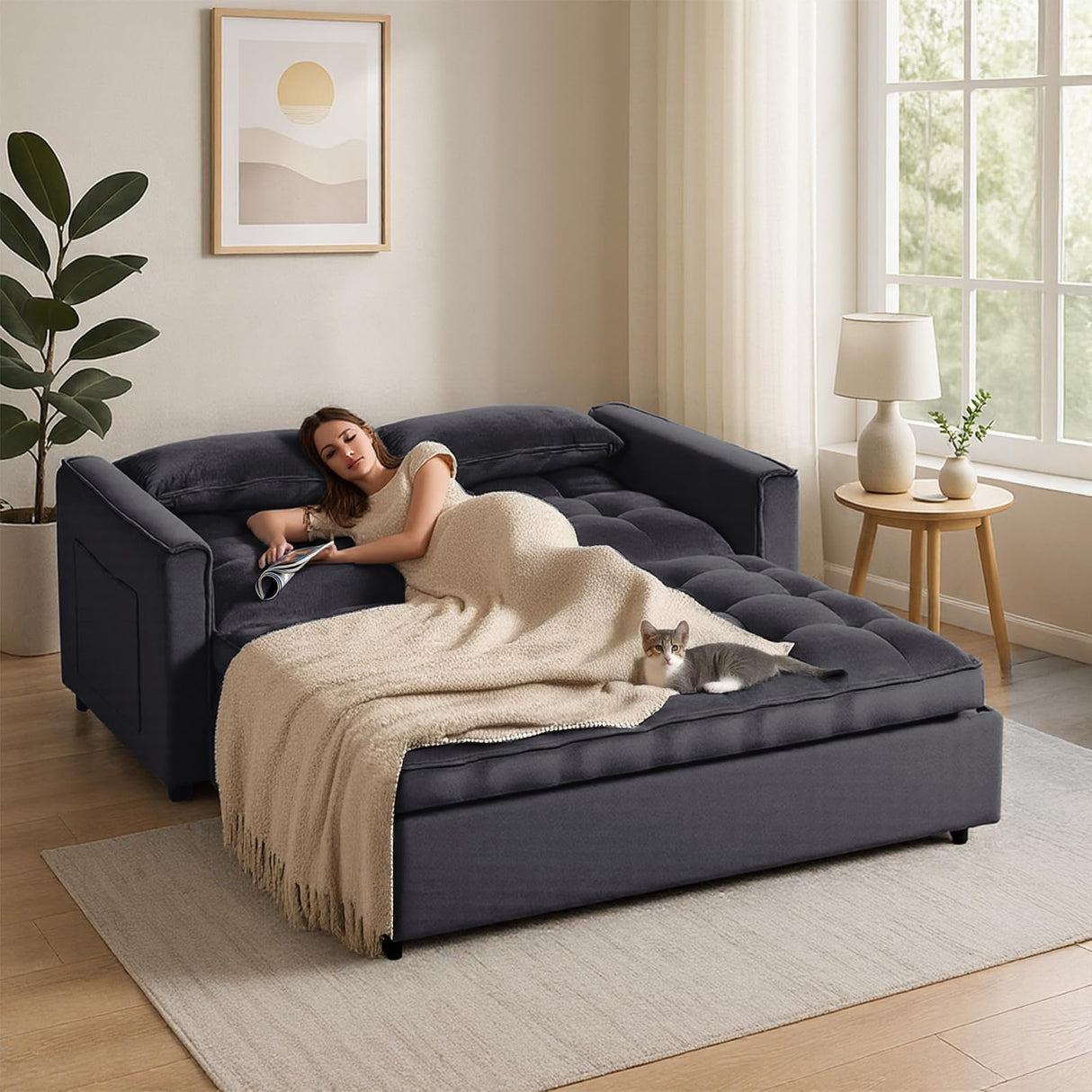 Pull Out Loveseat Sleeper, Convertible Sleeper Sofa Bed, Pull Out Bed Couch, 3 in 1 Velvet Futon Sofa, Love Seat Couches, Sofá Cama para Sala Sofa&Couch for Living Room Apartment, Chair Bed Sleepers Lyngins