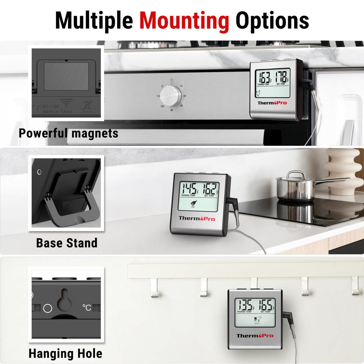 ThermoPro TP16 Large LCD Digital Cooking Food Meat Thermometer for Smoker Oven Kitchen BBQ Grill Thermometer Clock Timer with Stainless Steel Temperature Probe ThermoPro