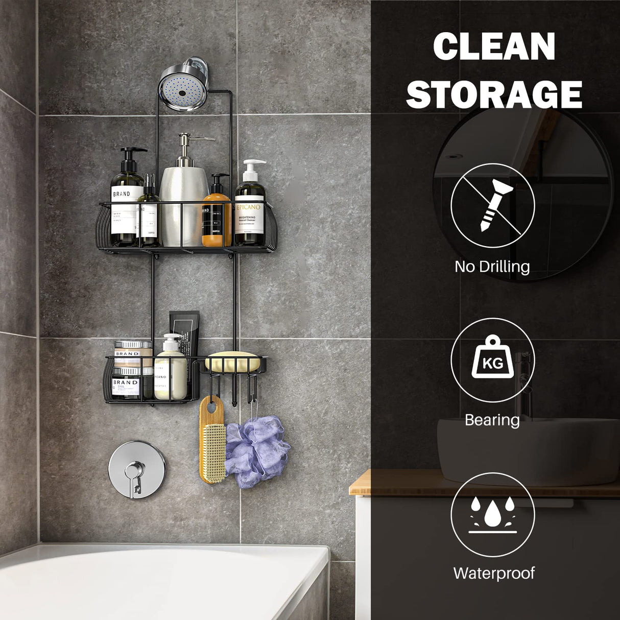 Epicano Shower Caddy Hanging, Anti-Swing Over Head Shower Caddy Rustproof with Hooks for Towels, Sponge and More, Matte Black Epicano