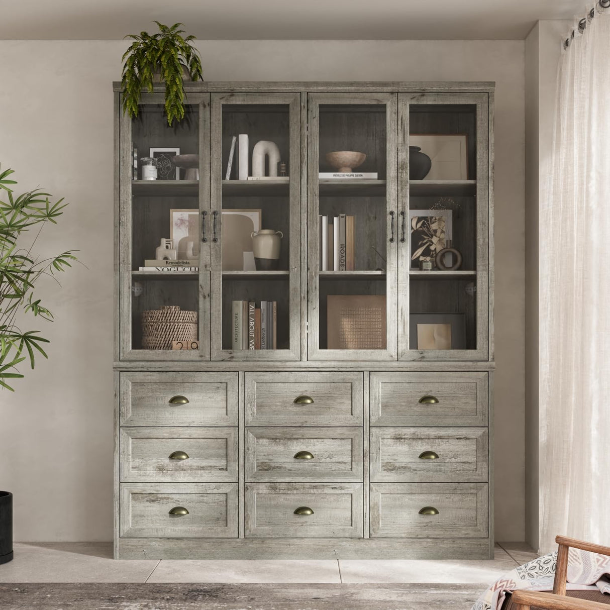 WOODTIME 78.7" H Display Storage Cabinet with Glass Doors, 9 Drawers & 3-Tier Shelves, Wooden Curio Cabinet Bookcase Bookshelf for Home Office Living Room Store, Grey WOODTIME