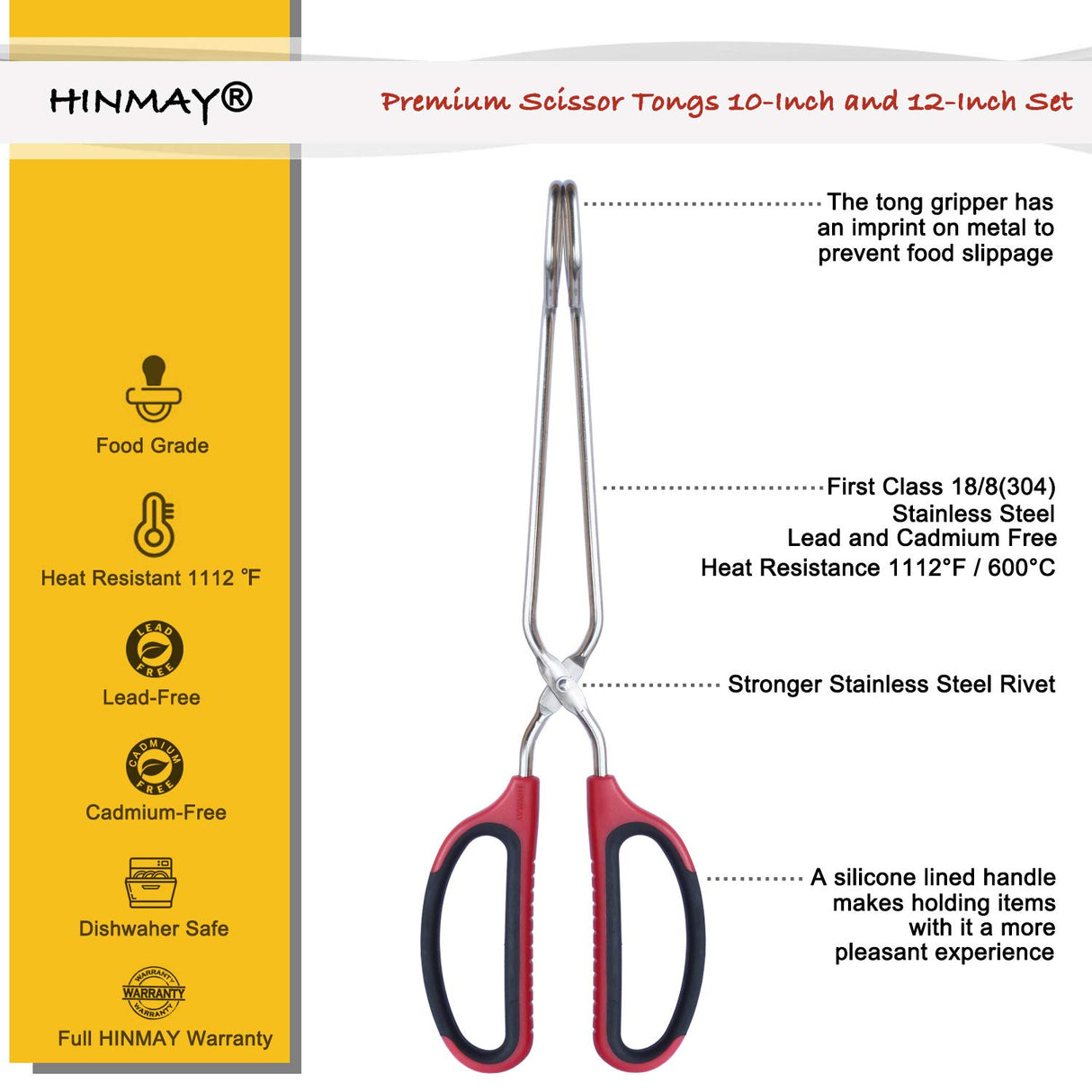 HINMAY Stainless Steel Scissor Tongs 10-Inch and 12-Inch Set, Set of 2 HINMAY