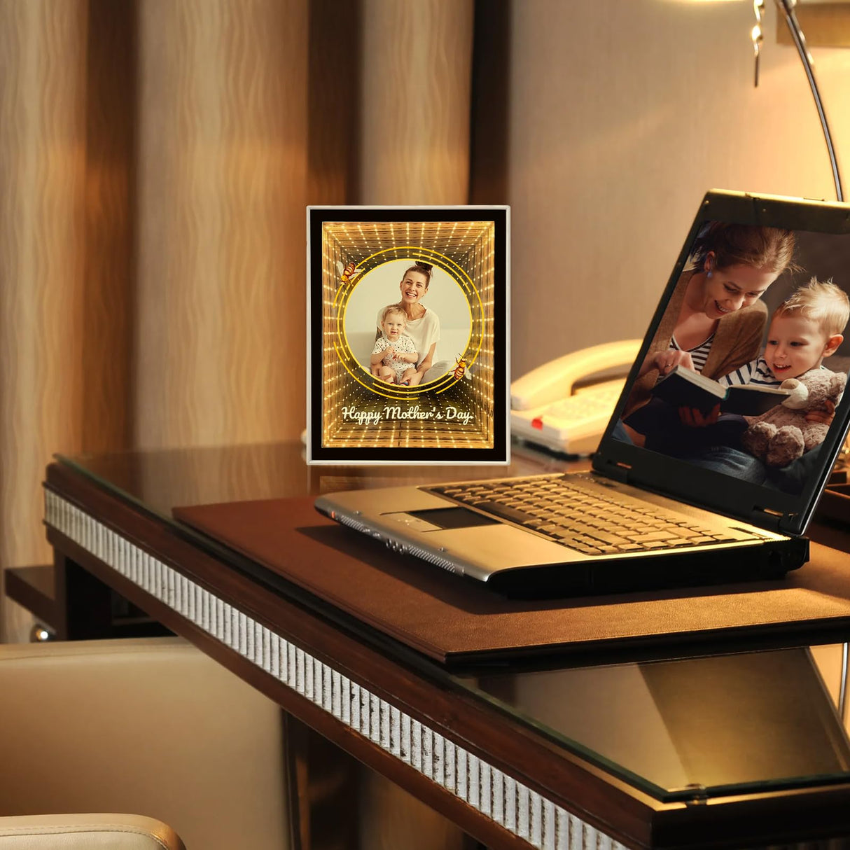 Custom Photo Infinity Mirror, Personalized Photo Frame Gifts for Friends, Couples, Family, Desktop LED Night Light Makeup Mirror 2 in 1, Home Decoration Bedroom Office Living Room LINMQIU