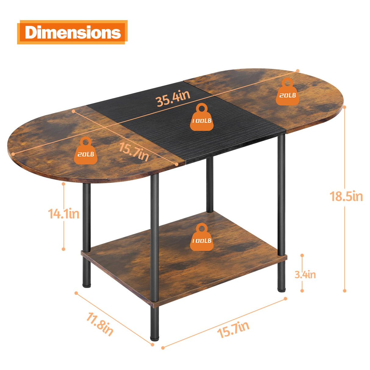 Coffee Tables for Living Room,2-Tier Small Coffee Table Farmhouse Oval Center Table with Storage Shelf and Wood Tabletop,for Small Space,Home Office,Black & Brown Shinoske